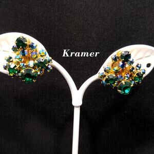 Vintage Blue Green AB Rhinestone Clip Earrings, Gold Plated, Signed KRAMER